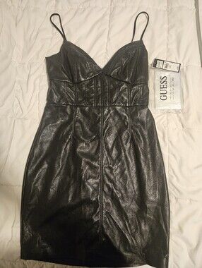 Guess Black Faux Leather Mini Dress with Spaghetti Straps